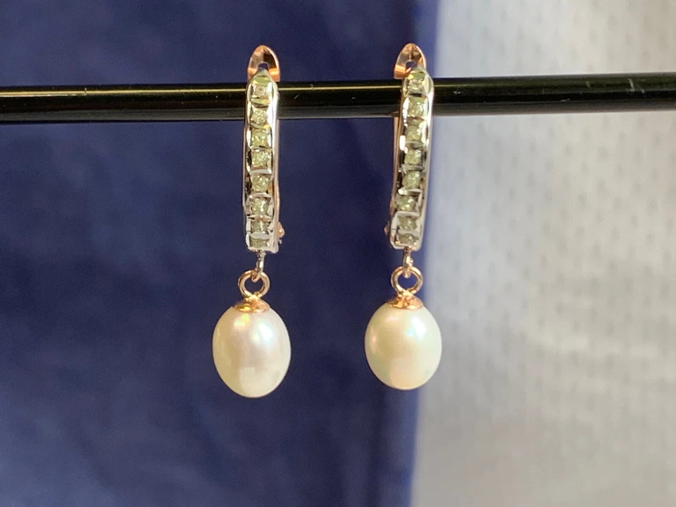 10K Rose Gold Pearl Earrings 1.59g Fine Jewelry Clear Color Stones Leverbacks - Image 2 of 4