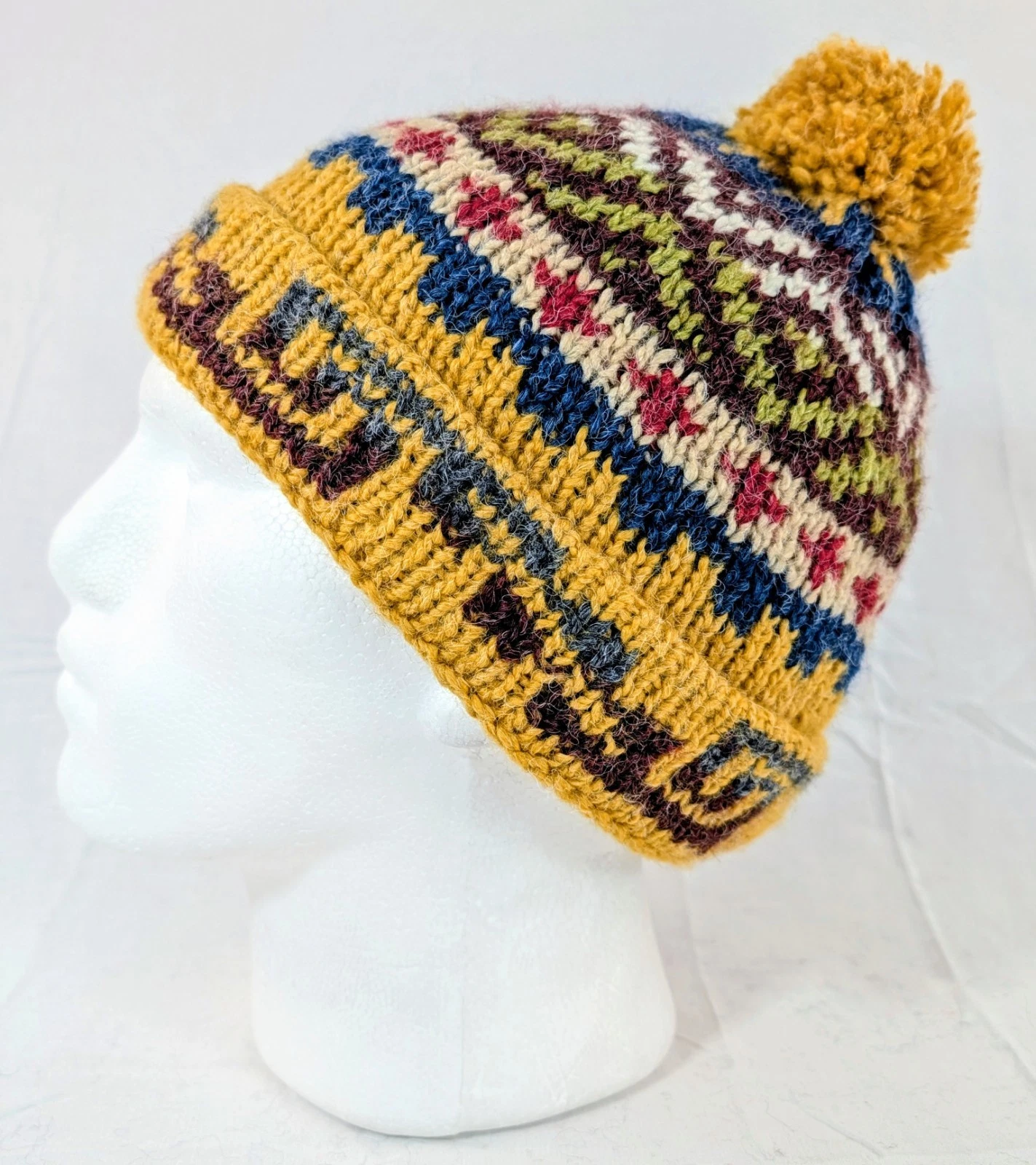 Colorful Soft Alpaca Yellow Beanie Pom Pom Handmade Unisex Boho Peru