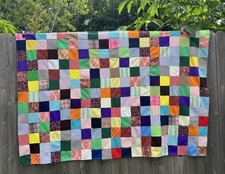 Vtg 70s Boho Patchwork Quilt Handmade 42 x76" Colorful Retro Poly Fabric Blanket