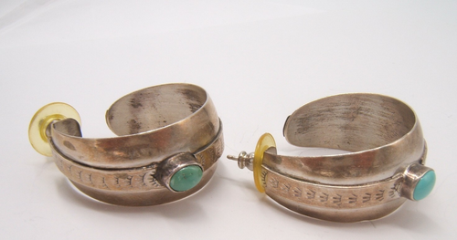 NATIVE AMERICAN NAVAJO STERLING SILVER HOOP EARRINGS TURQUOISE STONE LARGE WIDE - Picture 5 of 5