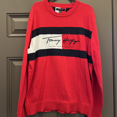 Tommy Hilfiger Red Spellout Logo Cotton Ribbed Sleeve Waist Pullover Sweater XL