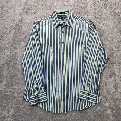 Vintage Gap Shirt Mens Large Green Fitted Premium Dress Striped Cotton Button Up