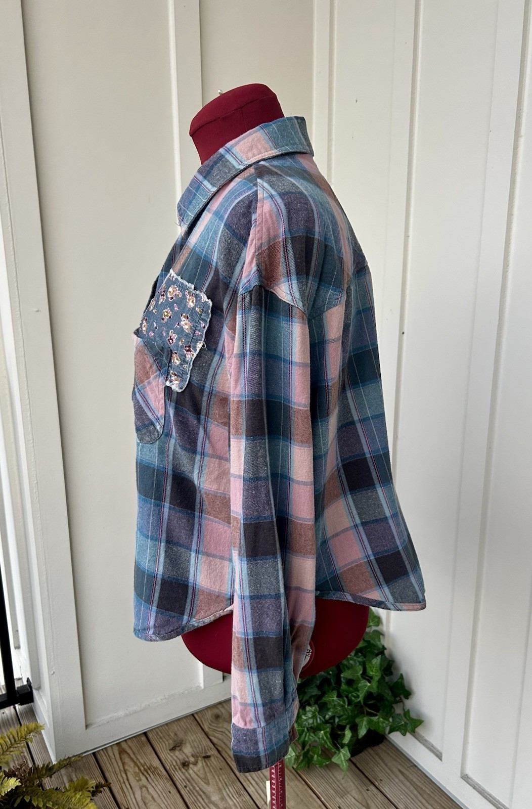 Rewind Plaid Button Up Shirt Patchwork Front Pock… - image 3