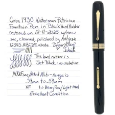 SCARCE 1930 WATERMAN PATRICIAN BLACK HARD RUBBER FOUNTAIN PEN RESTORED EXCELLENT