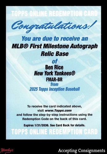 2025 Topps Inception MLB First Milestone Relic Autograph Ben Rice RC AUTO EXCH