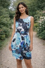 Eliza J Womens Knee Length Watercolor Dress Size 14 Blue Sleeveless Pockets