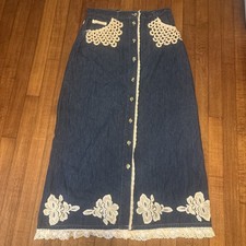 Vintage Hwy 290 Upcycled Denim And Lace Maxi Skirt 15 1/2 Waist 38 3/4 L