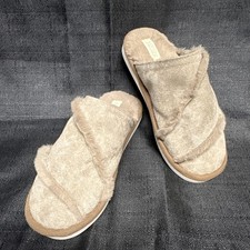 Fitory Women's Faux Fur Slide Slippers Beige Brown Size US 6 Slip On Comfort