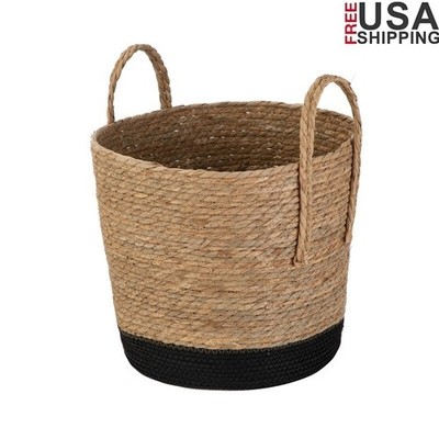 Round Handwoven Rush Storage Baskets Set of 2 Decorative Toy Organizer Bins New