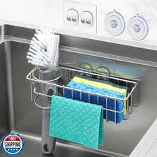3-In-1 Sponge Holder for Kitchen Sink with Suction Cups and Adhesive Hook, In
