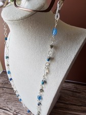 Turquoise, Clear Silver Heart Glass Bead Eyeglass Lanyard Chain 25"