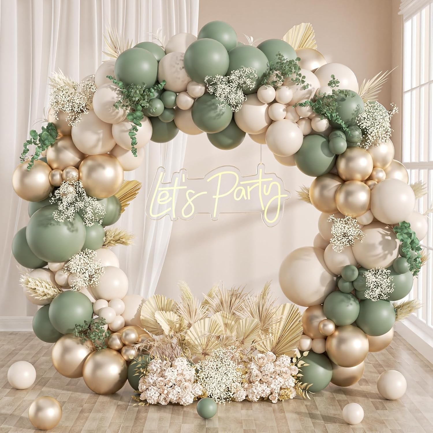 Sage Green Gold Balloon Garland Arch Kit 130Pcs with Sand White Balloons  