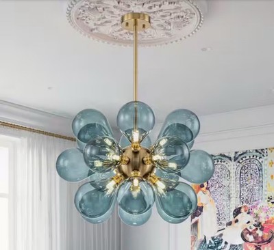 HUOKU 18-light Brass Chandelier with Blown Balloon Blue Glass