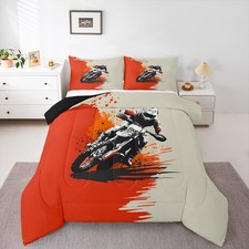 Kids Orange Dirt Bike Bedding Set Twin Size, Extreme Sports Comforter Set Boy...