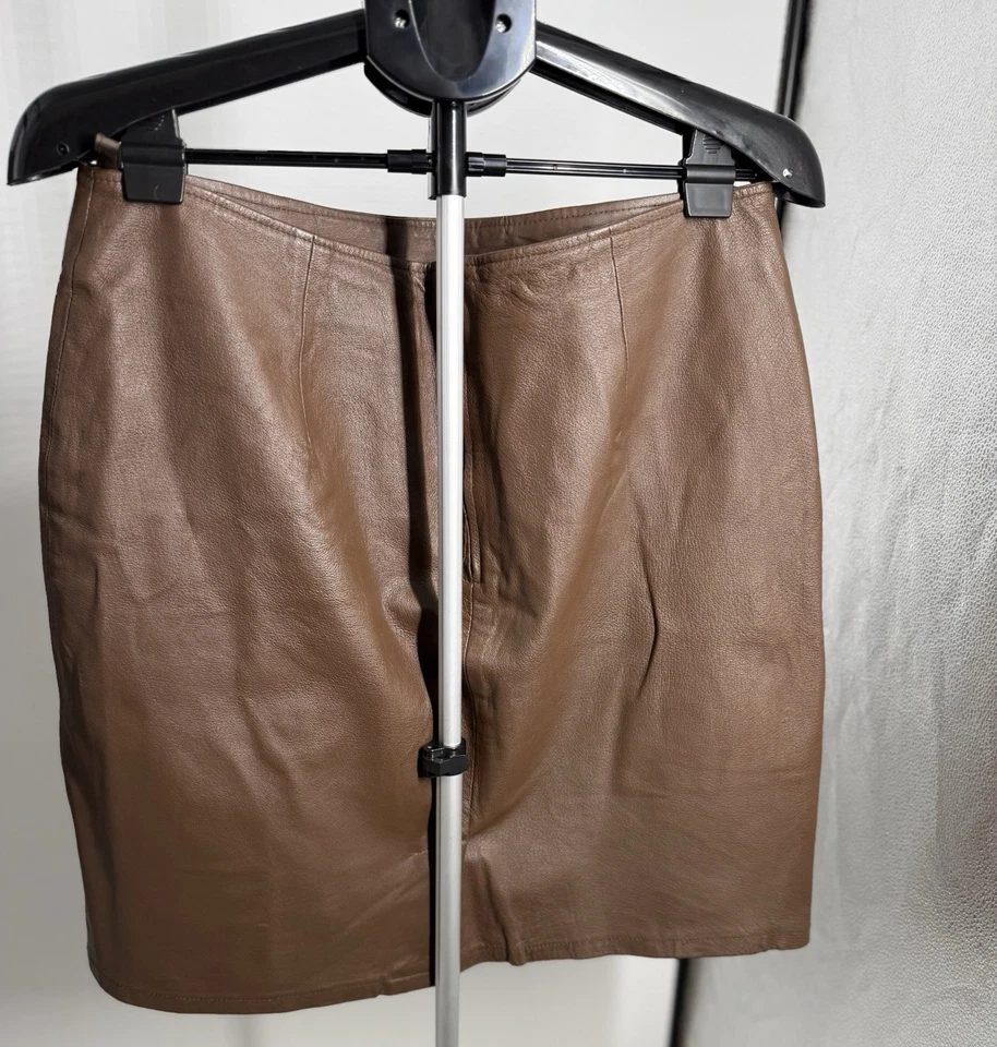 Vintage DAVID BENJAMIN Fully Lined Brown Leather Plus Size Skirt Ladies Size 18 - Image 3 of 4