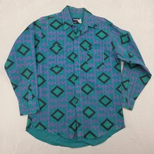 VTG 90s Wrangler Aztec Brushpopper Shirt Sz 16.5 - 34 Rodeo Cowboy Western Teal