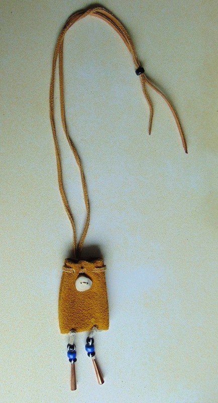 Beaded buckskin leather neck medicine bag deer antler button Native American