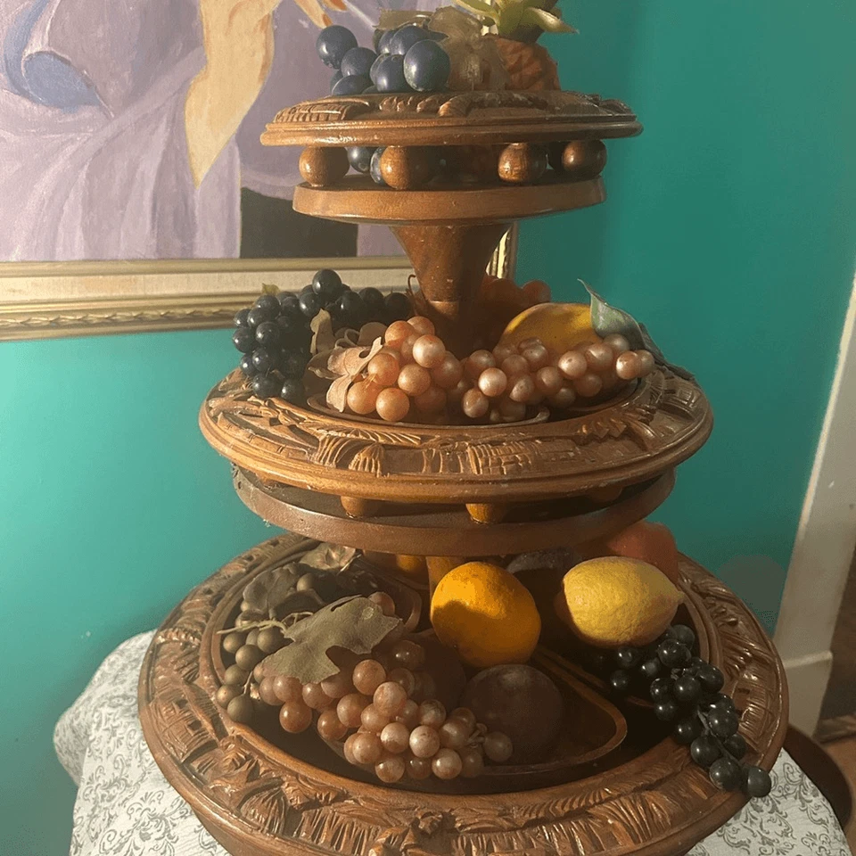 Vintage MCM Handcarved Wood 3 Tiered Lazy Susan Faux Fruit 60s Monkeypod - Image 2 of 4