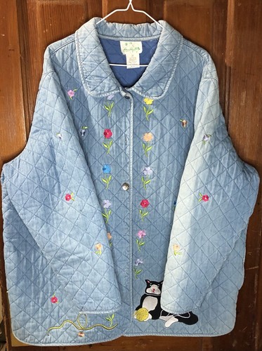 Vtg Quacker Factory Jacket Womens 3X Quilted Jean Embroidery Cat Grannycore - Picture 2 of 8