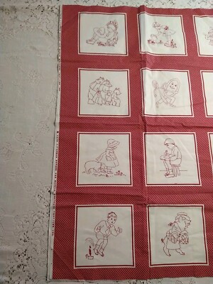 Faye Liverman Burgos Fabric 20 Blocks Red Work Nursery Rhymes Panel 34 x44
