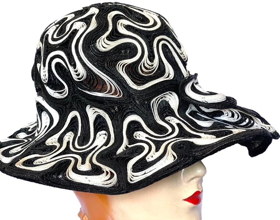 De Colección Años 50 Negro Blanco Tlirtette Creación Trenzado Cin de Caballo Sombrero Ala Ancha Foto 2 de 4
