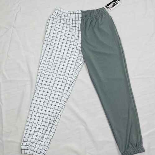 ShoSho Women’s Spliced Jogger Color Block White Grey Checkered Size Medium