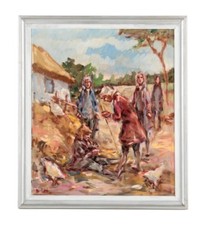 Pintura al óleo de colección de un granjero en el corral alimentando pollos retrato