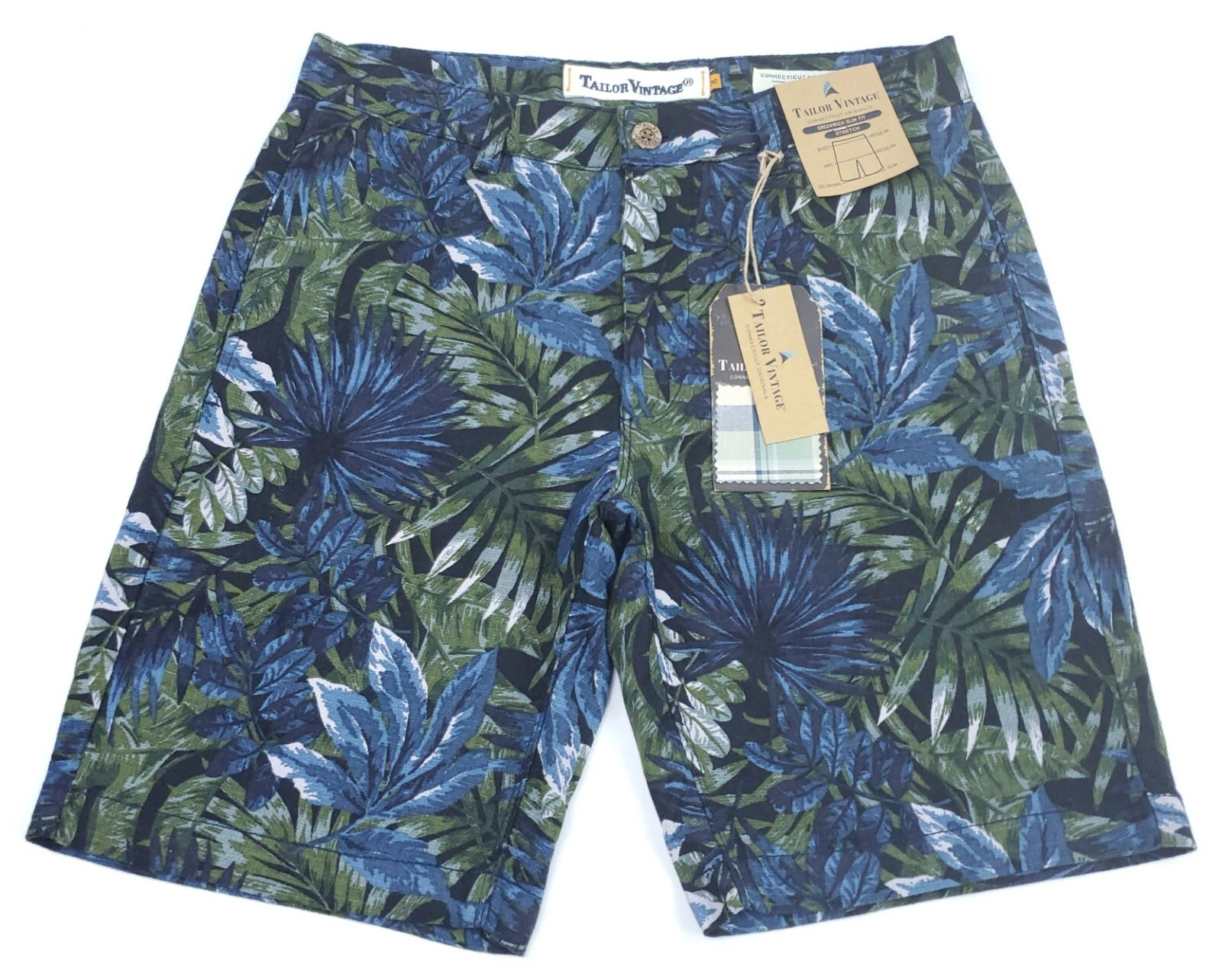 Tailor Vintage Shorts Men's 38 Greenwich Stretch Cotton Linen Green Leaves NWT