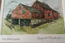 MARGARET ELDER PHILBRICK ~ OLD FARMYARD HANDCOLORED ETCHING Massachusetts Framed