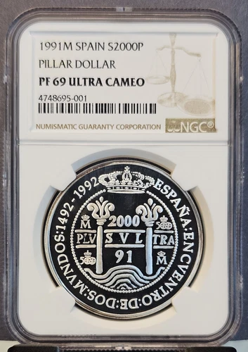 1991 SPAIN SILVER 2000 PESETAS PILLAR DOLLAR NGC PF 69 ULTRA CAMEO BEAUTIFUL 