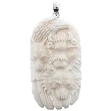 925 Sterling Silver Totem Carved Bull Wolf Eagle Bear Bison Bone Pendant, 3"