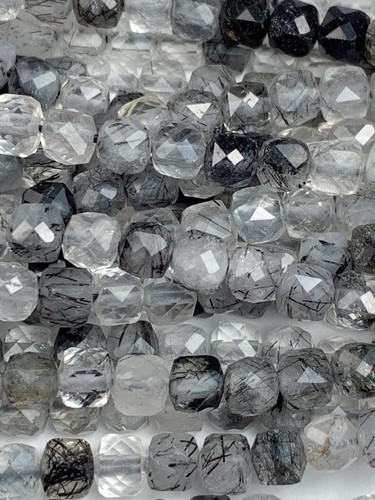 High Quality Natural Black Rutilated Quartz Faceted Square Beads 15.5" Strand - Picture 7 of 9