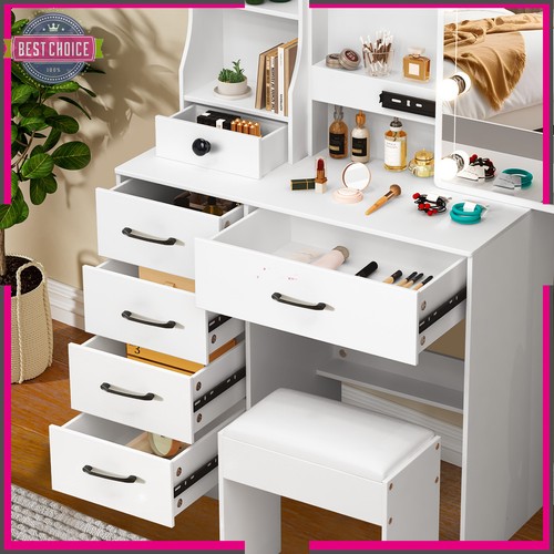6 Drawers Dressing Table Stool Set Makeup LED Mirror Vanity Desk 10 Bulbs White - Picture 10 of 10