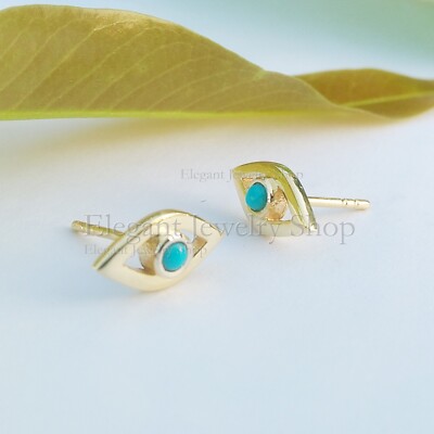 14k Yellow Gold Evil Eye Stud Earrings Turquoise Eye Studs Minimalist Jewelry