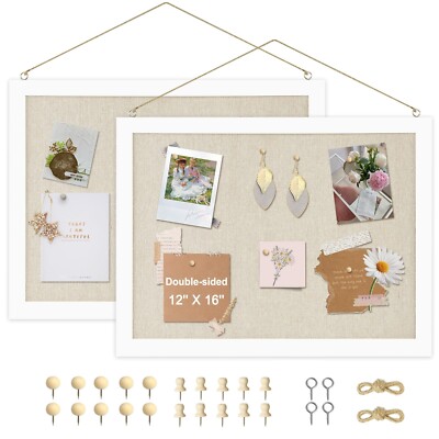 2-Pack Double-Sided Cork Board with Linen, 16'' x 12'' Hanging Wood Framed Bull...