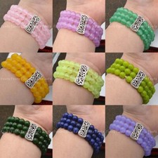 3 Row 6/8/10/12mm Round Gemstone Beads Tibetan Silver Stretch Bracelet 7.5''