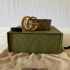 Gucci GG Marmont Beige Black Logo Print Wide Adjustable Gold Buckle Women's Belt
