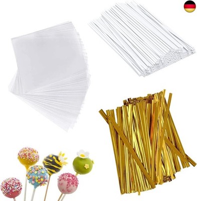300 Stück Cake Pop Stiele Set 100 Lollipop-Sticks 100 Cellophantüten Klar Klein