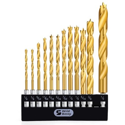 Titanium Brad Point Drill Bit Set 12Pcs (1/8'' - 1/2'') HSS Hex Shank Drill Bit...