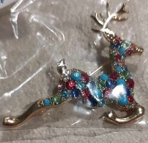 2017 Gold Tone Multicolor Gem Christmas Reindeer Brooch Pin Box Sealed Package - Picture 1 of 6