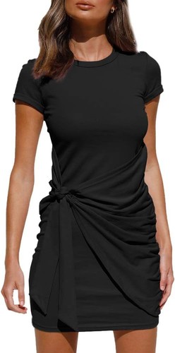 LILLUSORY Women's Casual Short Sleeve Dress T Shirt Bodycon Wrap Large, Black