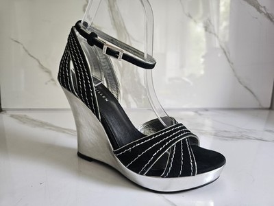 Karen Millen UK 5 EU 38 DAMEN SCHWARZ SILBER LEDER PLATEAU KEILABSATZ SANDALEN