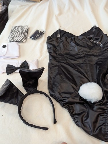 Geyoga Playboy Bunny Costume X-SMALL Black W/White Accents Cosplay Fishnet Stock - Picture 7 of 24