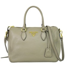 PRADA 1BB023 Leather 2way Shoulder Tote Handbag Gray Gold Turkey