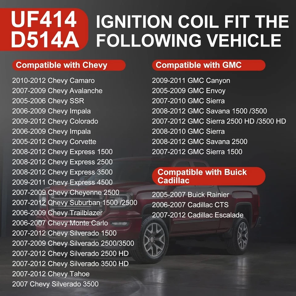 High Performance UF414 Ignition Coil+Spark Plug+Wire For Chevy GMC 5.3L 6.2L V8 - Image 4 of 4