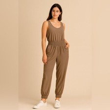 Abercrombie  Fitch Taupe Brown Utility Jumpsuit Elastic Waist Jogger Cuffs