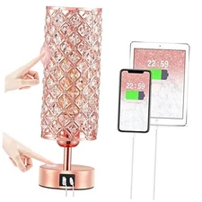  Crystal Table Lamp - 3-Way Dimmable Touch Control USB-C+A Ports Rose Gold