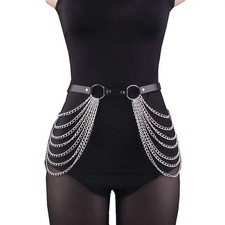 Women Punk Gothic PU Leather Waist Thigh Harness Garter Belt, Adjustable Chain D
