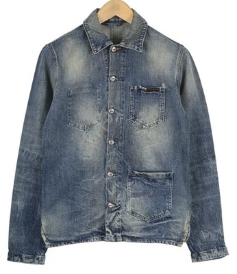 NUDIE JEANS Tryggve Herren Jacke S Cosmic Blue Faded Denim Knopf aufgesetzte Taschen *