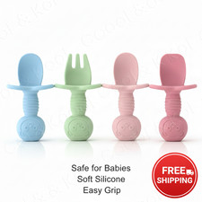 Baby Feeding Spoon Fork Set Silicone Soft Tip Toddler Self Feeding Training Uten